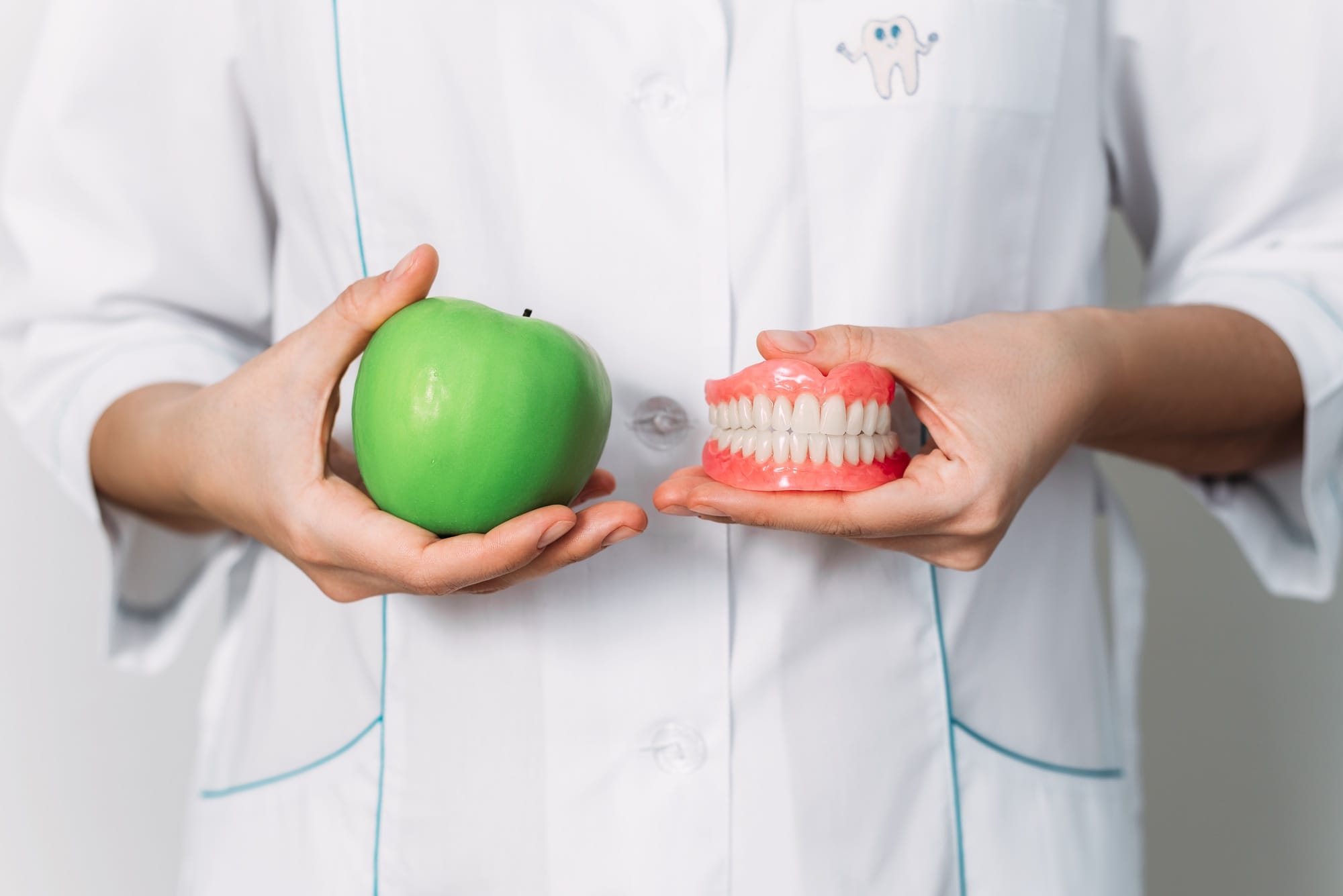 A false denture and a green apple in the hands of a dentist. Dental prosthesis care A false denture and a green apple in the hands of a dentist. Dental prosthesis care