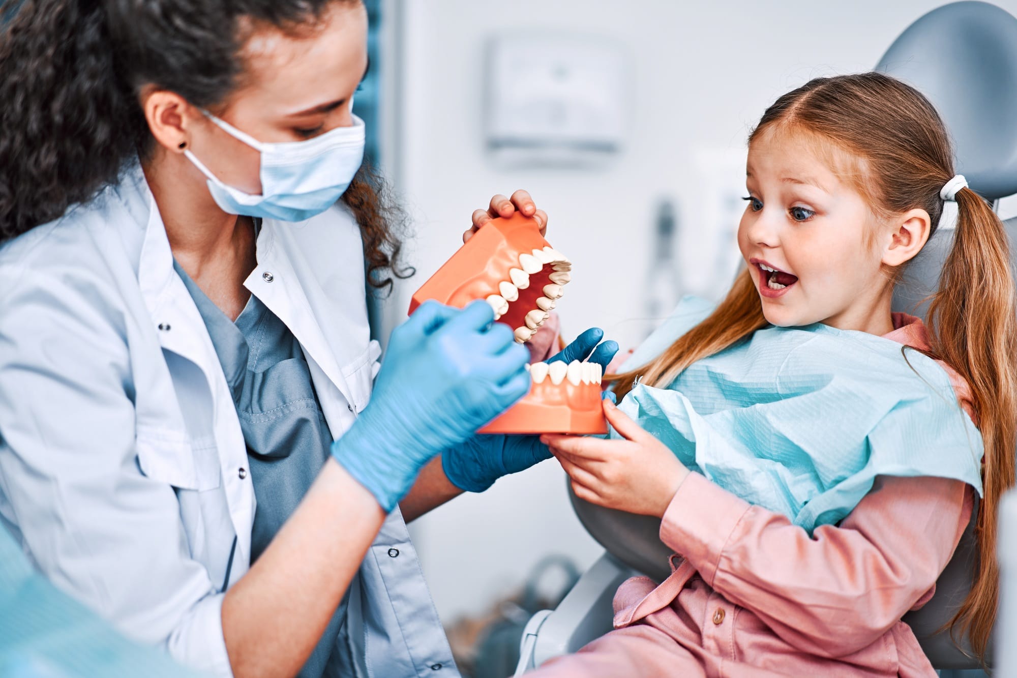 Children's dentistry. Cropped image of nurse holding mockup of jaw and talking about brushing teeth, Children's dentistry. Cropped image of nurse holding mockup of jaw and talking about brushing teeth,